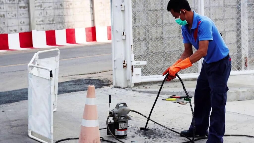 A professional technician performing drain cleaning in Fort Lauderdale using a motorized plumbing snake to clear a clogged outdoor sewer line.
