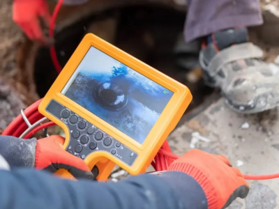 Close-up of a technician using a high-definition monitor for a camera inspection service in Fort Lauderdale, Florida, to diagnose an underground sewer pipe.