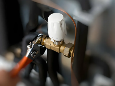 A close-up shot of a technician using an orange-handled adjustable wrench to tighten a brass fitting on a thermostatic mixing valve with a white plastic control knob.