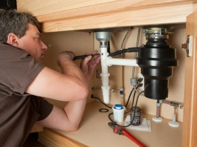 Professional plumber performing a garbage disposals install in Fort Lauderdale, carefully connecting the drainage pipes and mounting the new disposal unit under a kitchen sink.