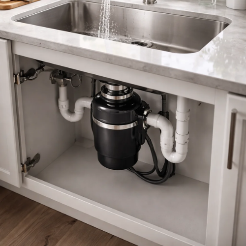 A professionally completed garbage disposals install in Fort Lauderdale featuring a black disposal unit mounted under a modern stainless steel kitchen sink with white PVC drainage pipes.