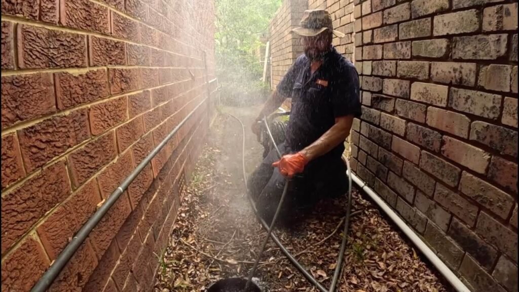 Professional technician performing high-pressure hydro-jetting for drain cleaning in Fort Lauderdale to clear severe blockages in a residential outdoor pipe.

