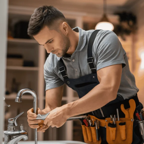 A professional plumber in Lauderhill wearing a tool belt and overalls, expertly repairing a kitchen sink faucet with a specialized wrench.