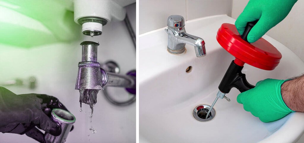  two-part image showing a clogged sink trap being disassembled and a plumber performing professional drain cleaning in Fort Lauderdale using a red hand auger.
