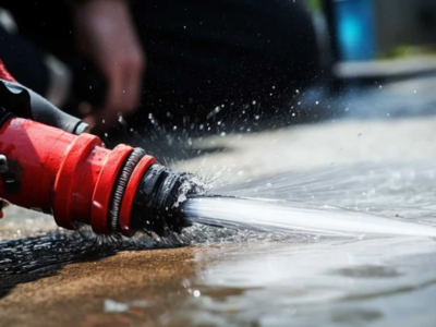 A close-up of a technician using a high pressure water jetting nozzle to clear a residential drain line with a powerful stream of water.