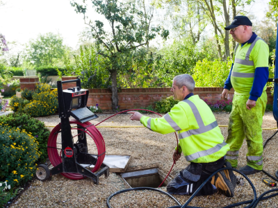 Professional technicians performing a camera inspection service in Fort Lauderdale, Florida, using a high-definition sewer camera to examine an underground drain line.