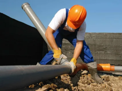 A technician in a hard hat and protective gear performing a sewer line repair in Fort Lauderdale by connecting gray PVC piping in an outdoor trench.
