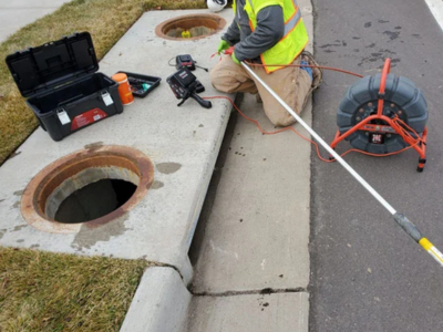 A professional technician performing a camera inspection service in Fort Lauderdale, Florida, using a specialized sewer camera reel and monitor near an open manhole.