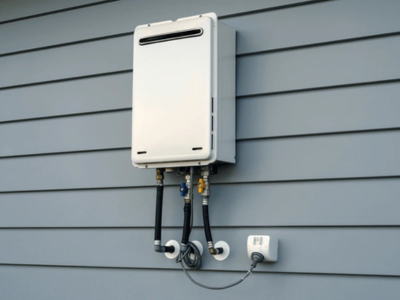 A white, wall-mounted tankless water heater installed on the exterior blue siding of a house, with visible plumbing connections and an electrical plug.