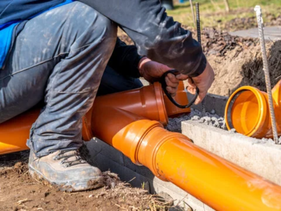 Close-up of a plumber installing a rubber gasket seal on orange PVC piping for a sewer line repair in Fort Lauderdale.