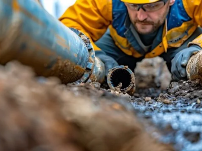 Professional technician performing a trenchless sewer line repair in Fort Lauderdale by inspecting an underground pipe through a narrow access point.
