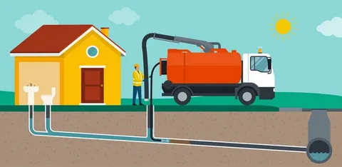 Illustration of a vacuum truck cleaning a residential sewer line connected to a main city pipe.