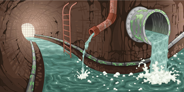 Cartoon illustration of an underground sewer tunnel with pipes and flowing water.