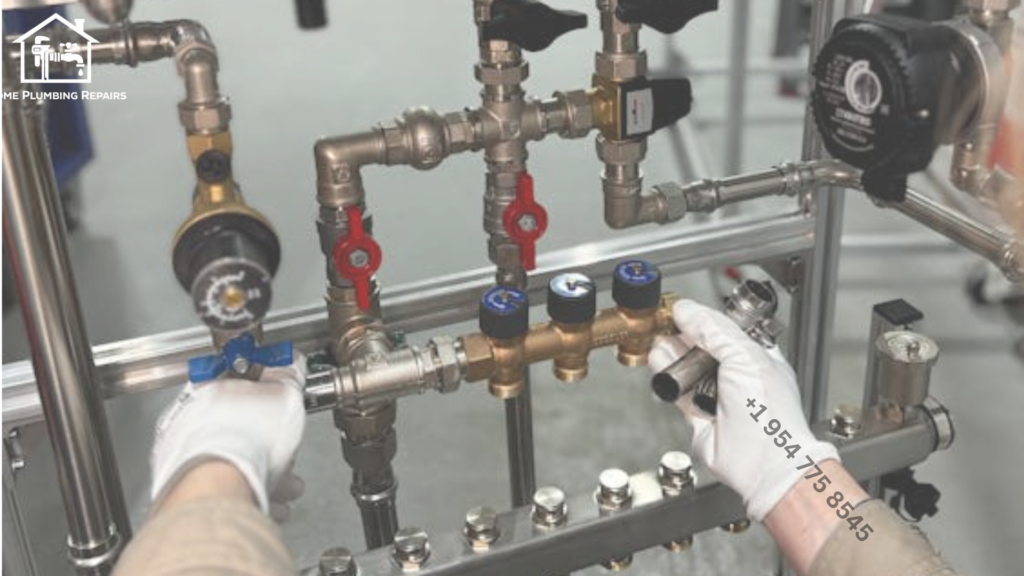 A first-person view of a technician in white gloves adjusting a complex brass manifold for a professional water heater installation.