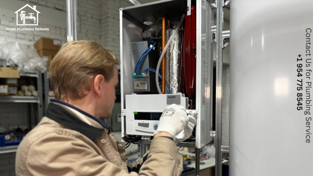 A professional technician from Right Water Heater Services adjusting the control panel and internal wiring of a modern wall-mounted water heater.