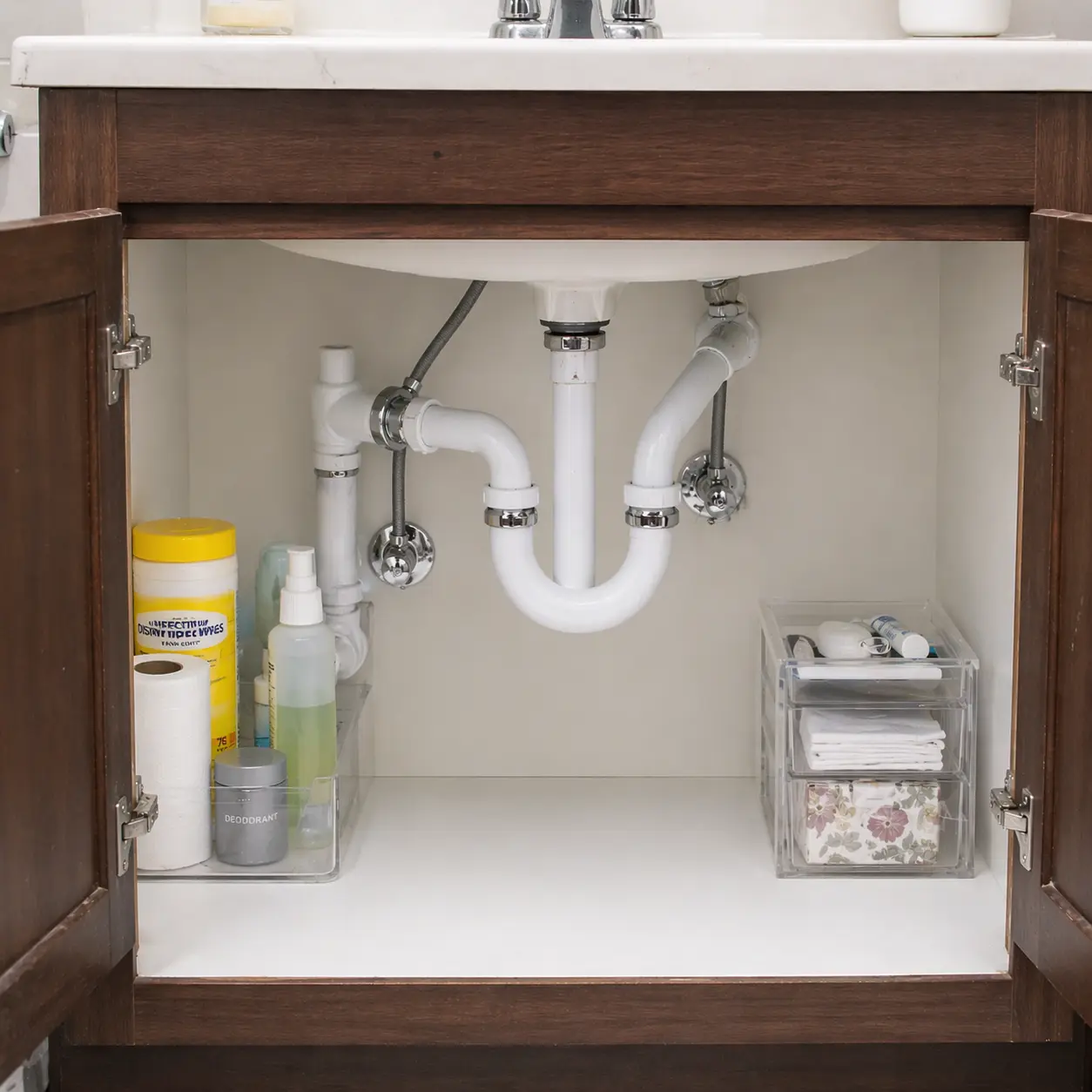 Fully repaired and clean bathroom sink pipes with no leaks, organized cabinet after professional service by a plumber in Fort Lauderdale