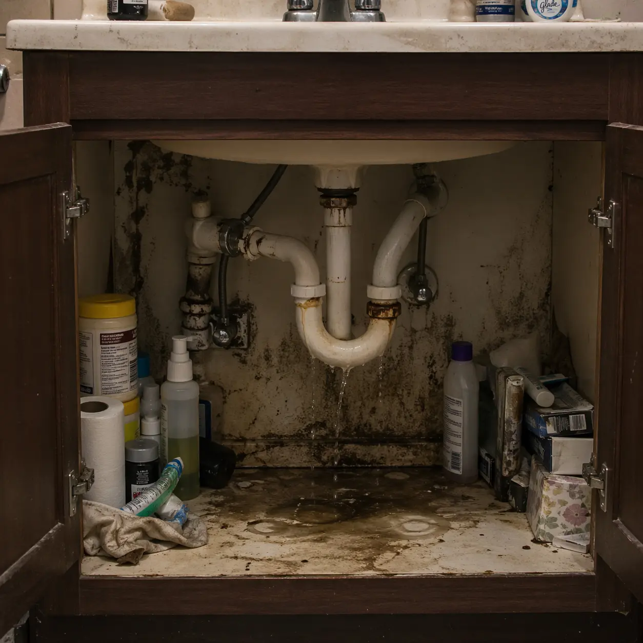 Leaking and damaged bathroom sink plumbing with mold, rust, and water stains under cabinet before repair by a plumber in Fort Lauderdale