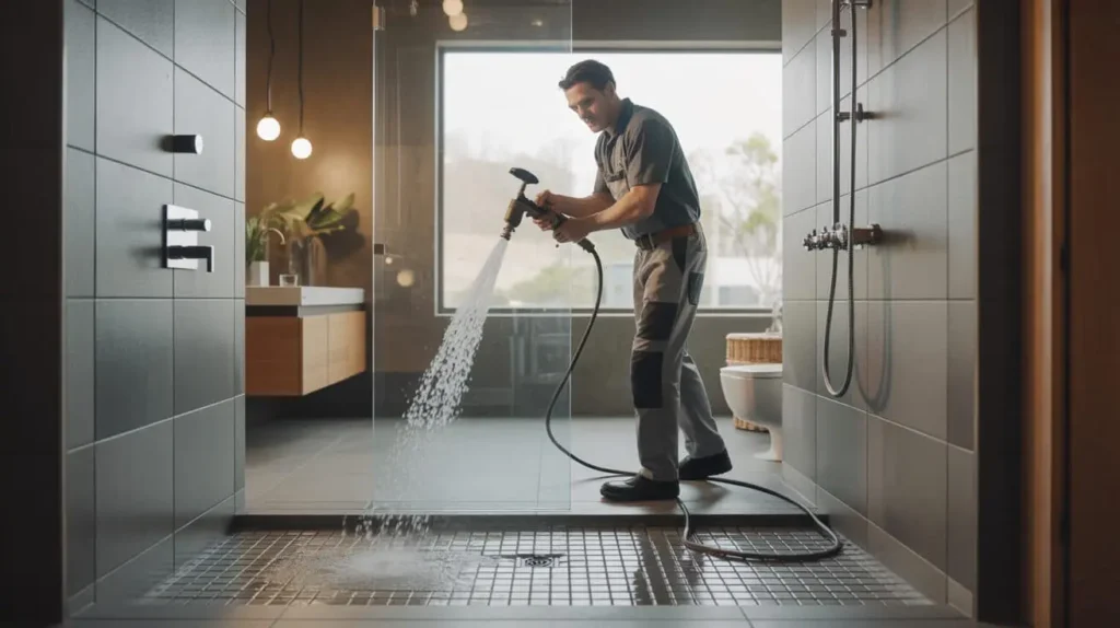 Professional plumber performing hydro jetting on a modern walk-in shower floor drain to remove deep clogs and buildup.
